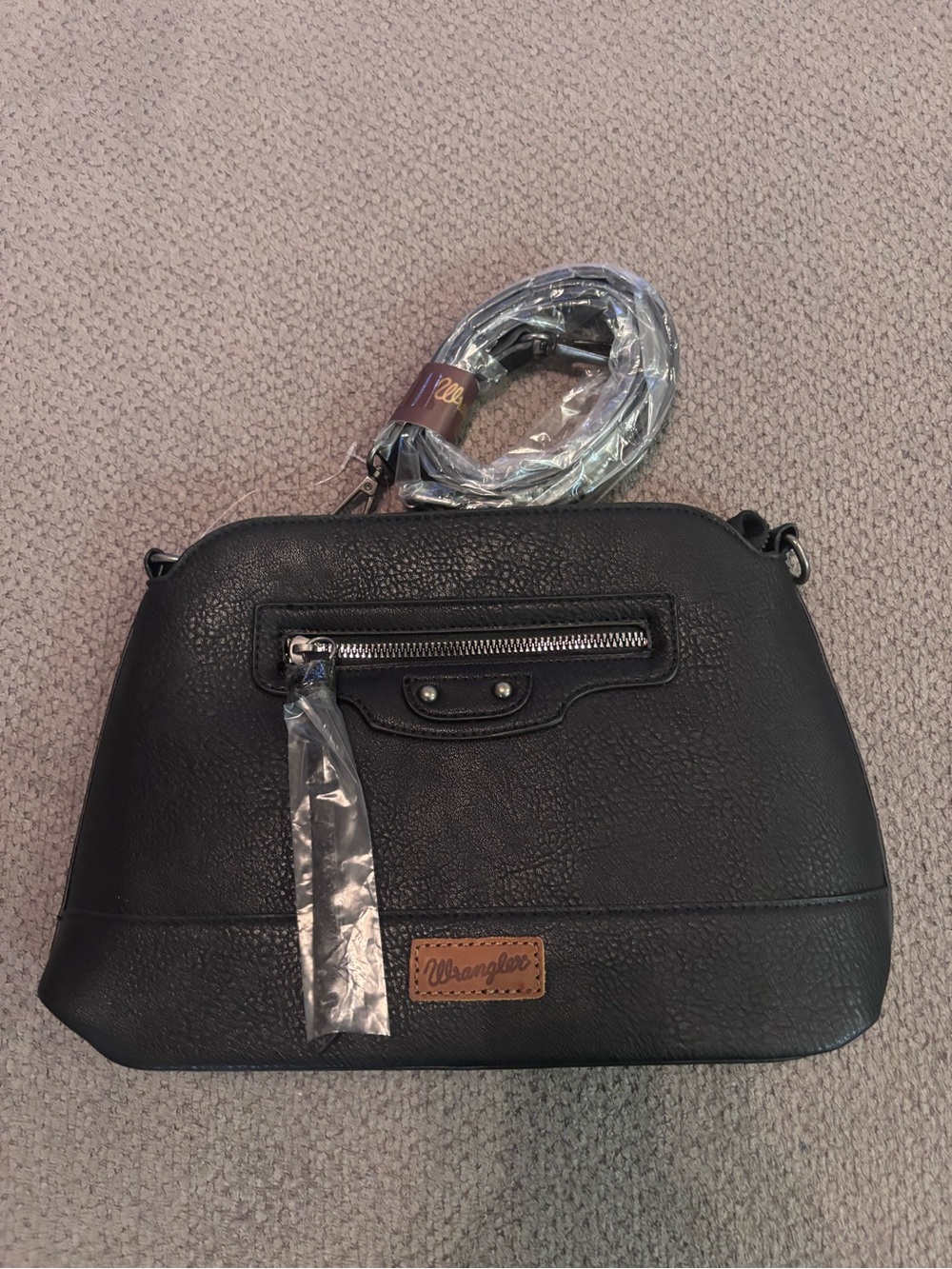 Wrangler Black Pebbled Crossbody Bag with Tan Logo Patch